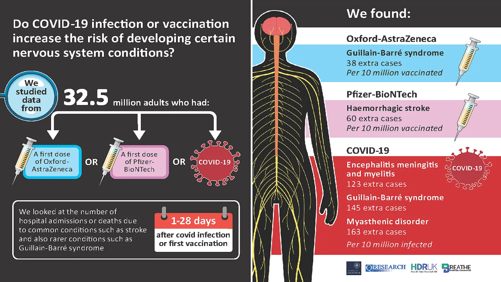 Infographic highlighting the key findings from a research paper titled \"Neurological complications after first dose of COVID-19 vaccination and SARS-CoV-2 infection\", which looked at the possible links between conditions of the nervous system and COVID-19 infection and vaccination.