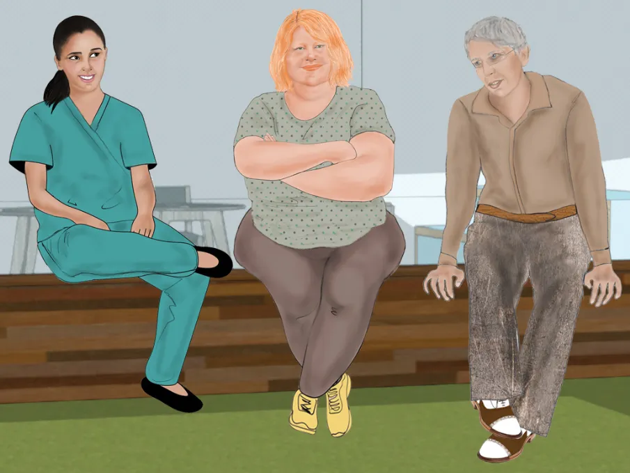 Image from the graphic novel showing three characters in conversation