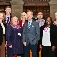 Photograph of speakers and chairs at the Usher Institute Annual Lecture & Showcase 2025 (from left to right: Julie Jacko, Luke Daines, Nicola Boydell, Linda Bauld, David Nash, Ahmar Shah, Gwenetta Curry, Cathie Sudlow