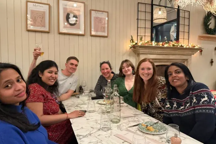 Fava Greek Restaurant – December 2024 Left to right: Farah Francis, Nandhni Gandhi, Mats Baxter, Aryelly Rodriguez, Marisa Muckian, Eleanor Dixon, Thulani Ashcroft