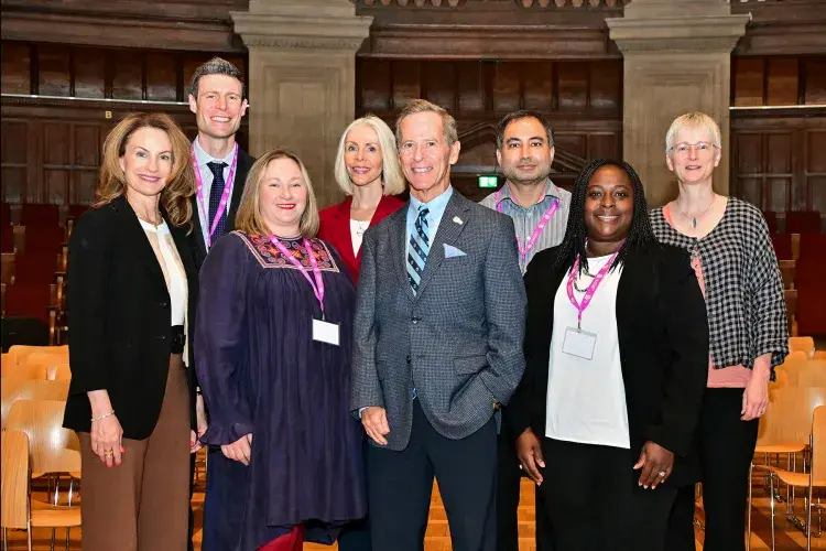 Photograph of speakers and chairs at the Usher Institute Annual Lecture & Showcase 2025 (from left to right: Julie Jacko, Luke Daines, Nicola Boydell, Linda Bauld, David Nash, Ahmar Shah, Gwenetta Curry, Cathie Sudlow