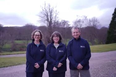 Professors Susan Shenkin, Heather Wilkinson and Ian Underwood outside at the Burn retreat