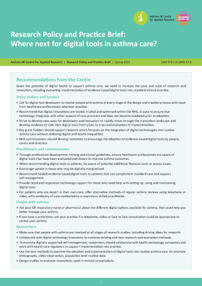 Cover of Asthma UK centre for Applied Research Research Policy and Practice Brief