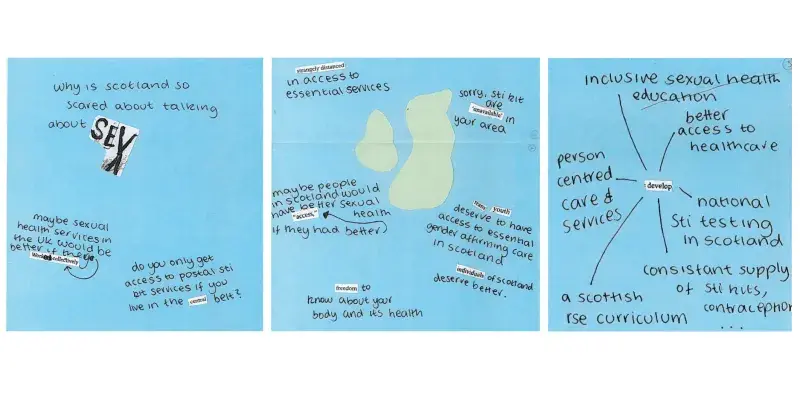 A collage on blue paper with green paper representing and island. Words in caption.