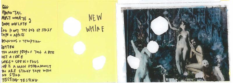 A collage on yellow paper with text and an image of nude people, some with faces obscured, and statues and dilapidated buildings beyond .