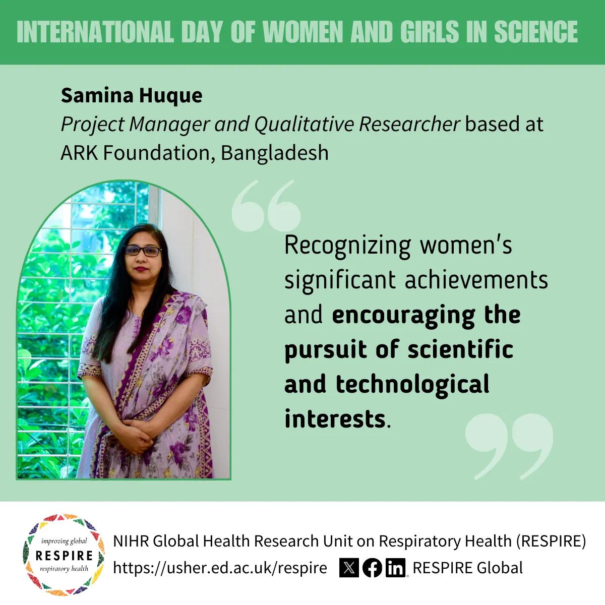 Graphic showing Samina Huque and her quote