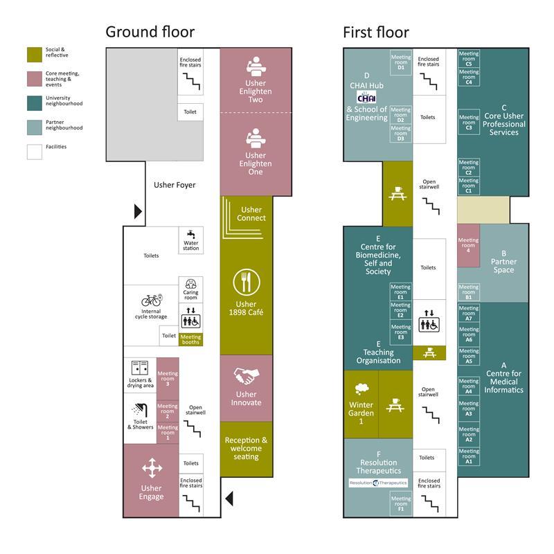 Graphic displaying ground and first floor plans for the Usher Building 