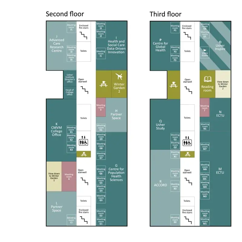 Graphic displaying second and third floor plans for the Usher Building 