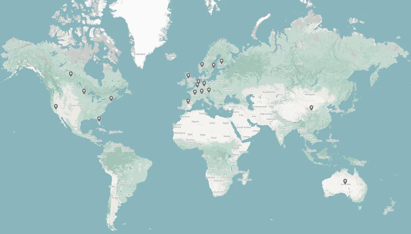 Map showing locations where Precision Medicine alumni have worked