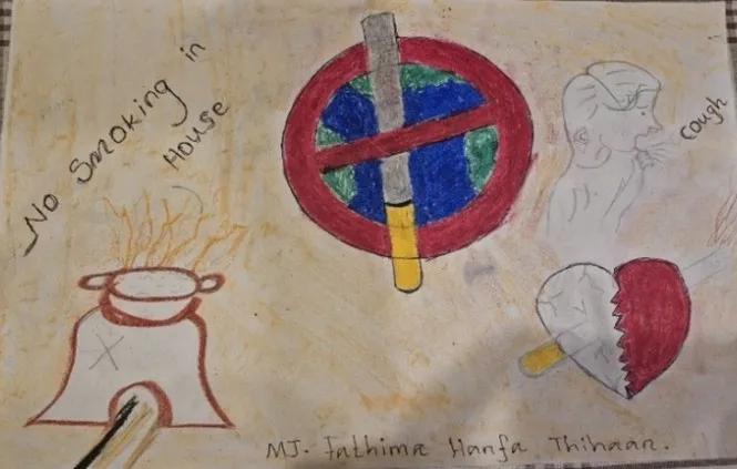 Children's drawing of cooking fire, cigarette and heart