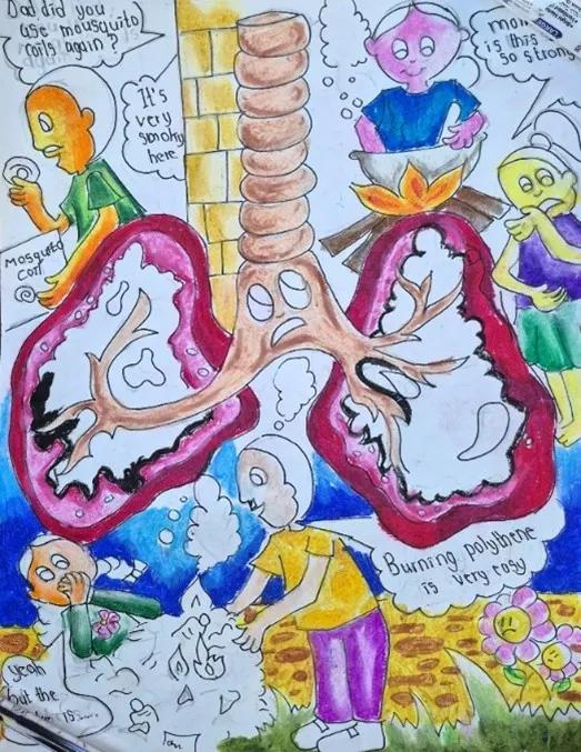 Children's drawing of a worried lung surrounded by people coughing and sad flowers