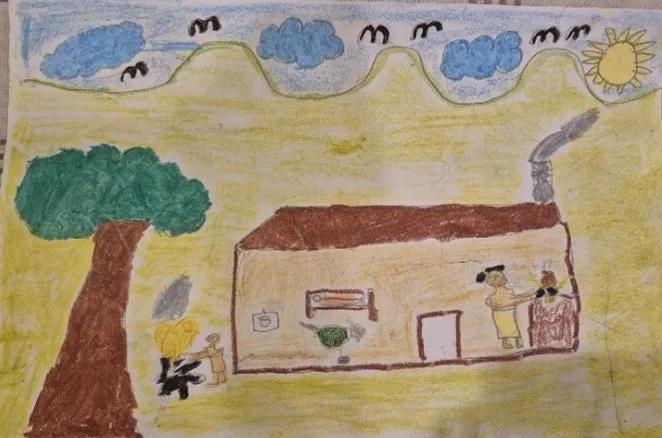 Children's drawing of a mother cooking indoors, child by fire outside