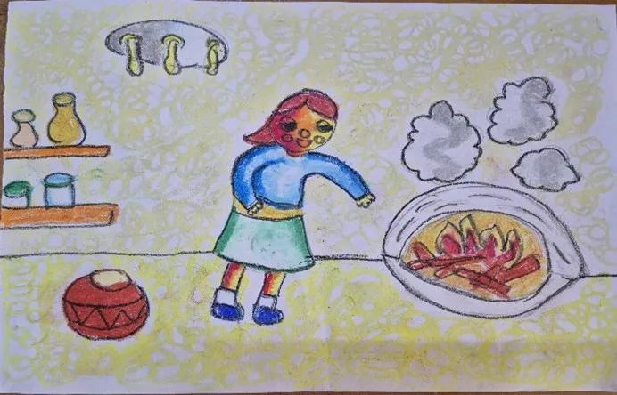 Children's drawing of a girl in a kitchen looking at a smoking indoor fire