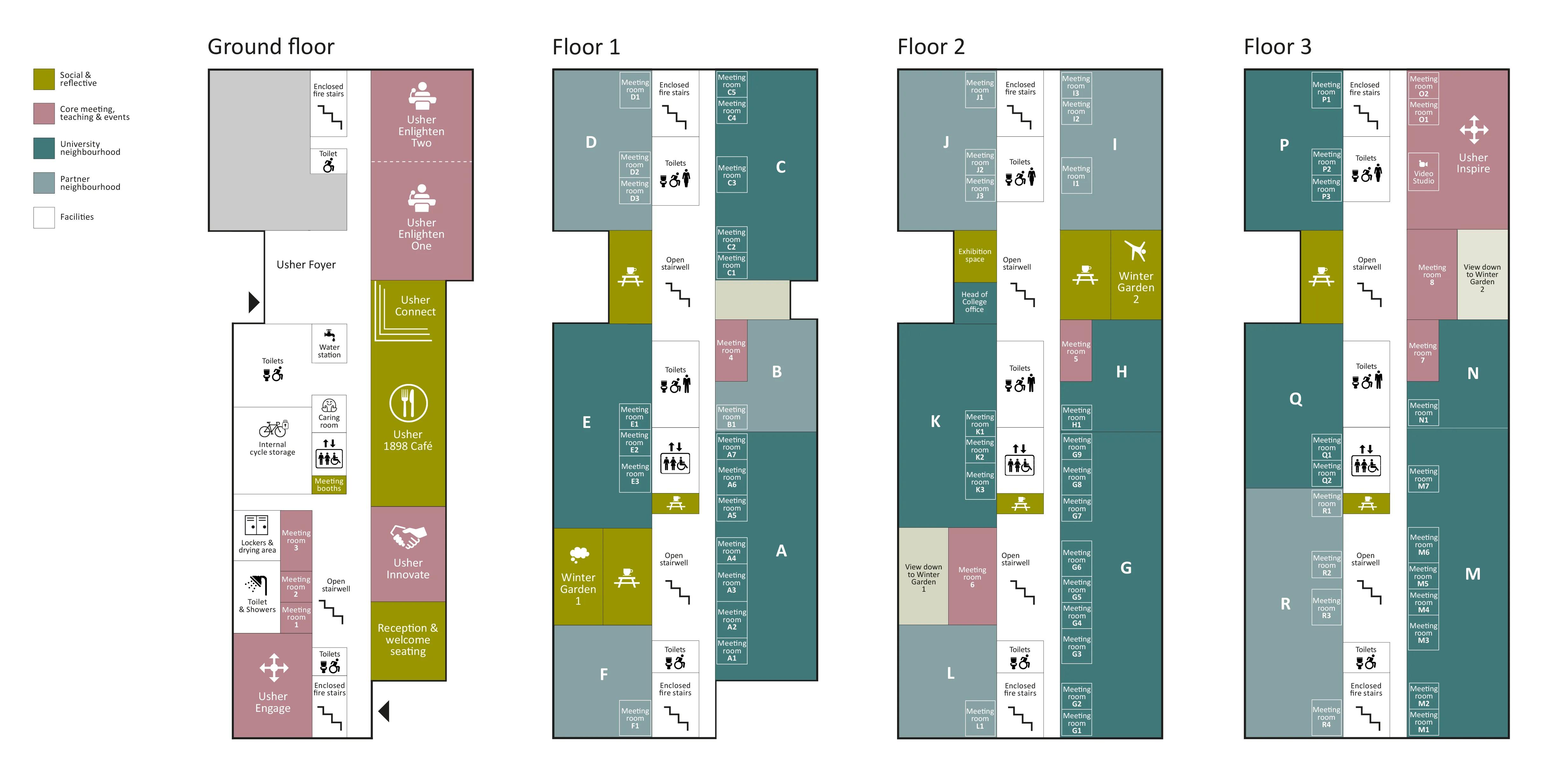 Graphic showing simplified floor plans of Usher Building