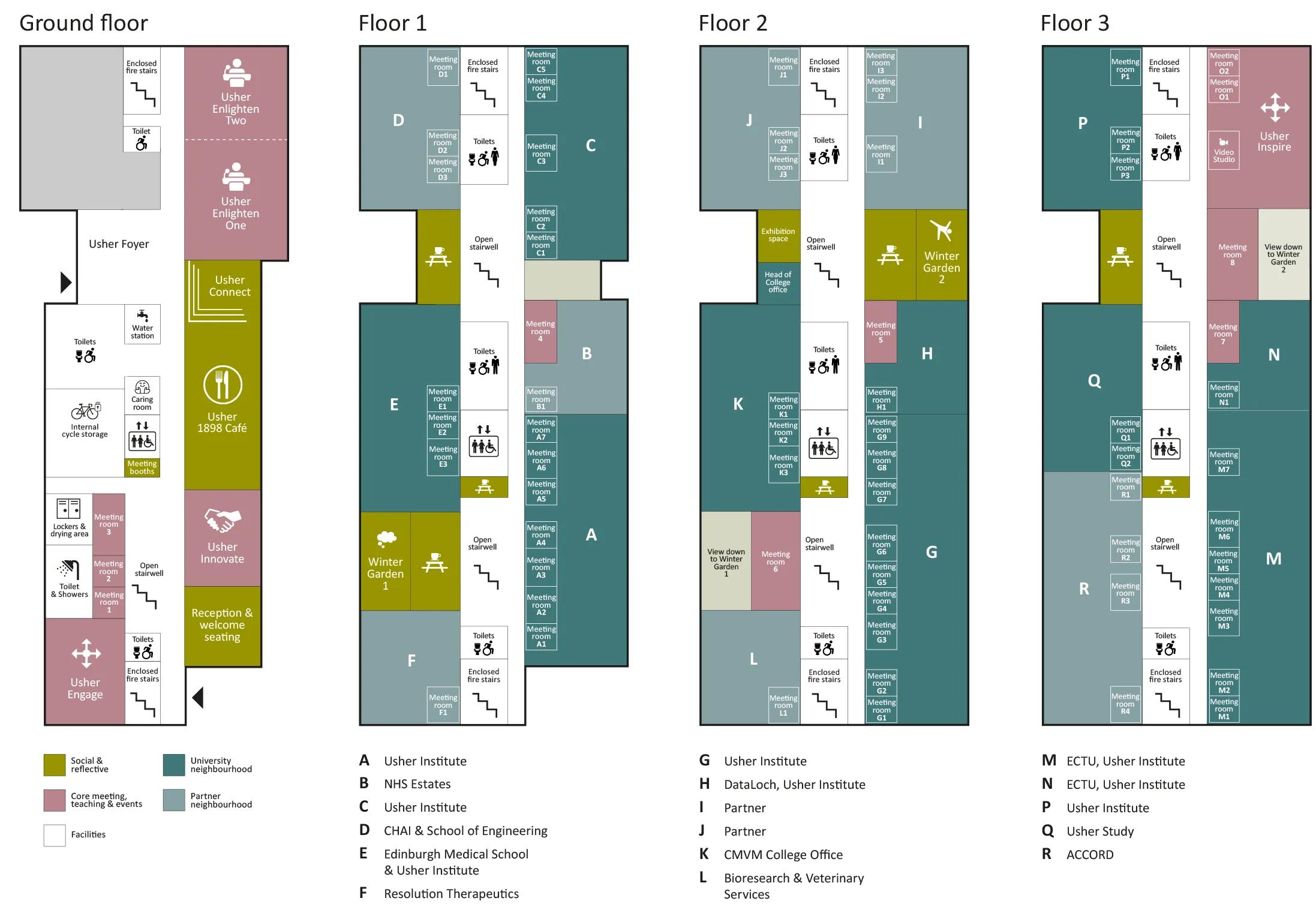 Graphic showing simplified floor plans of Usher Building
