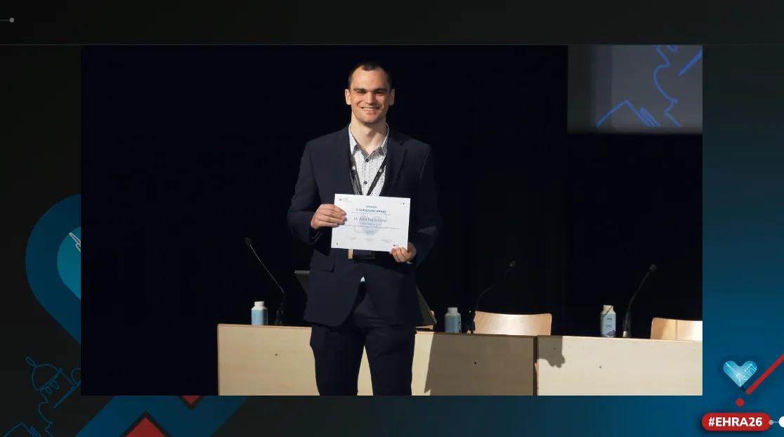 Arno von Kietzell, Precision Medicine Doctoral Training student, receiving his eCardiology Award at EHRA 2026
