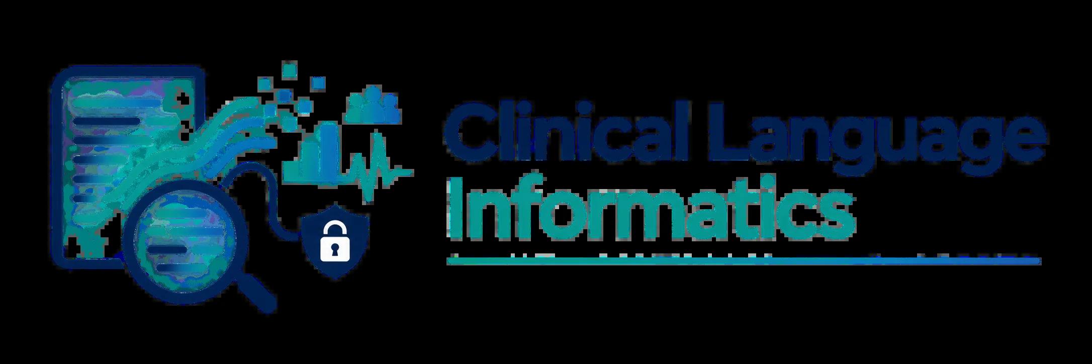 Icons of magnfying glass paper and data with text Clinical Language Informatics