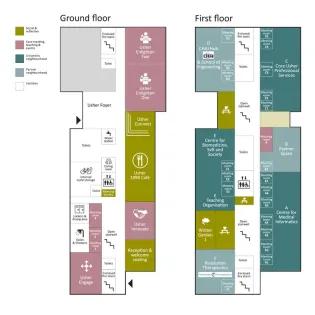 Graphic displaying ground and first floor plans for the Usher Building 