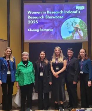 Photograph showing from left to right: Dr Joanne Kenney, Professor Pat O’Connor, Eva Woods, Julianna Aitken, Dr Cathy Corcoran, Danielle Briody - all speakers at the Women in Research Ireland 2025 Annual Research Away Day