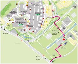 Location of Usher Building with both walking and drop off routes highlighted
