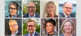 Photographs of Usher's External Advisory Board members: (top line from left to right) Dr Mickey Chopra, Professor Simon Forrest, Professor Lesley Holdsworth, Mr Paul Johnston (bottom line from left to right) Professor Kevin Kelman, Dr Donald Macaskill, Professor Alondra Nelson, Professor Fiona Walter 