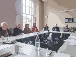 stylised image of group of older adults at table