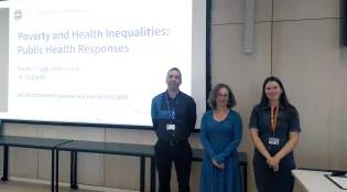 Photograph of Darren Rocks (Public Health Scotland), Sarah Boath (Community Health Exchange), Emily Adams (ACRC Academy) at the Special Seminar on Poverty and Health Inequalities, Usher Building, 2025