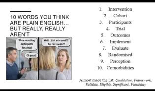 a slide of ten words that academics consider to be plain english but arent