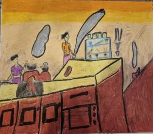 Children's drawing of an indoor kitchen scene covered in smoke