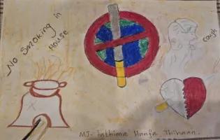 Children's drawing of cooking fire, cigarette and heart