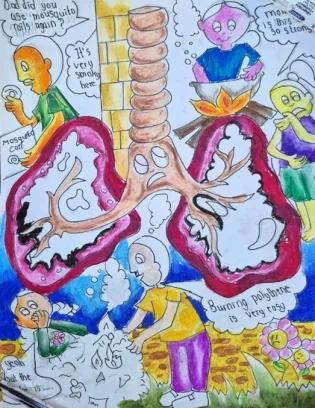 Children's drawing of a worried lung surrounded by people coughing and sad flowers