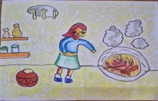 Children's drawing of a girl in a kitchen looking at a smoking indoor fire