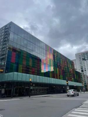 The rainbow-coloured exterior of the Conference bulding