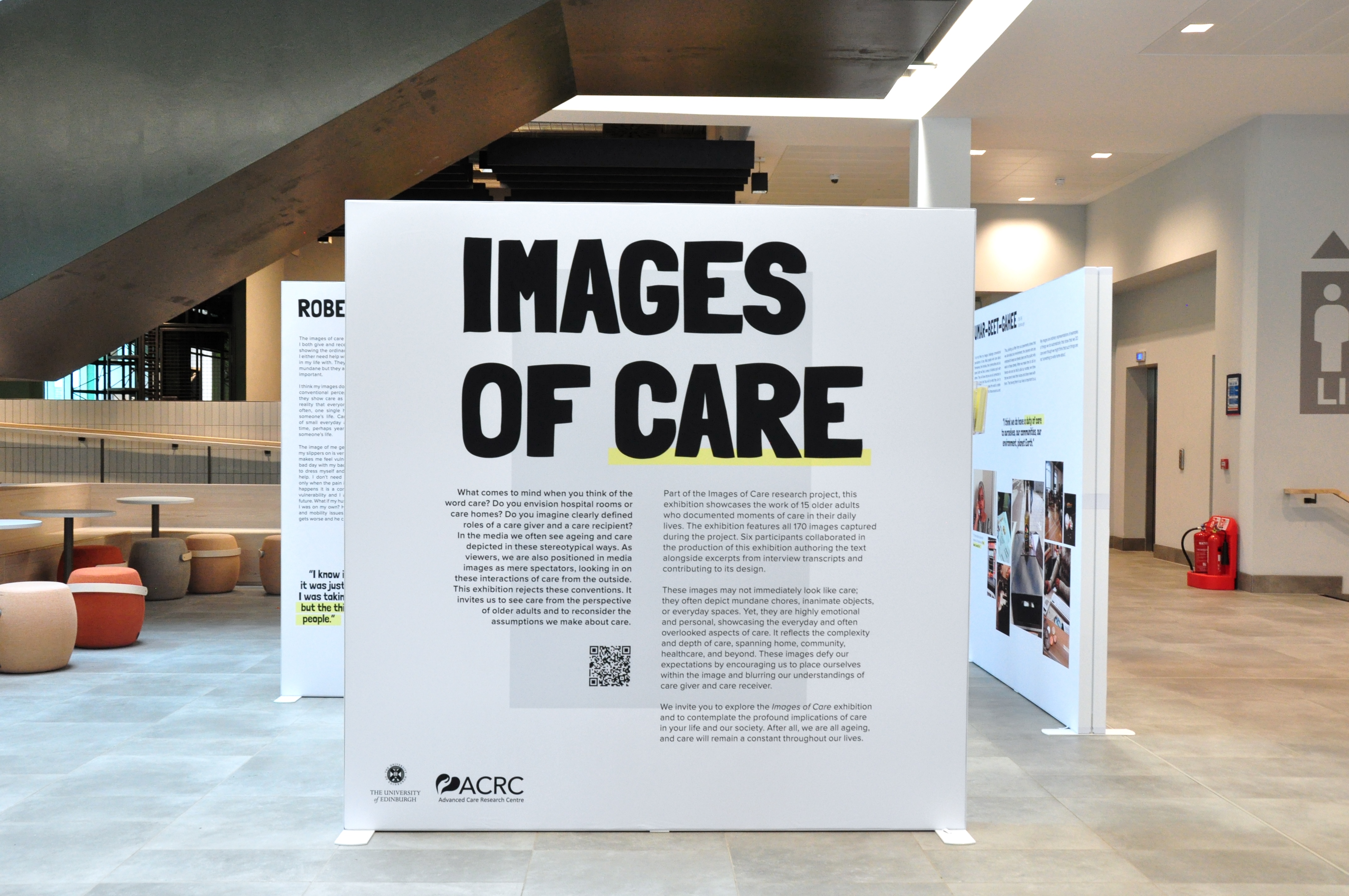 Photograph of the first panel of the images of care exhibition in the lobby of the Nucleus Building at the University of Edinburgh 