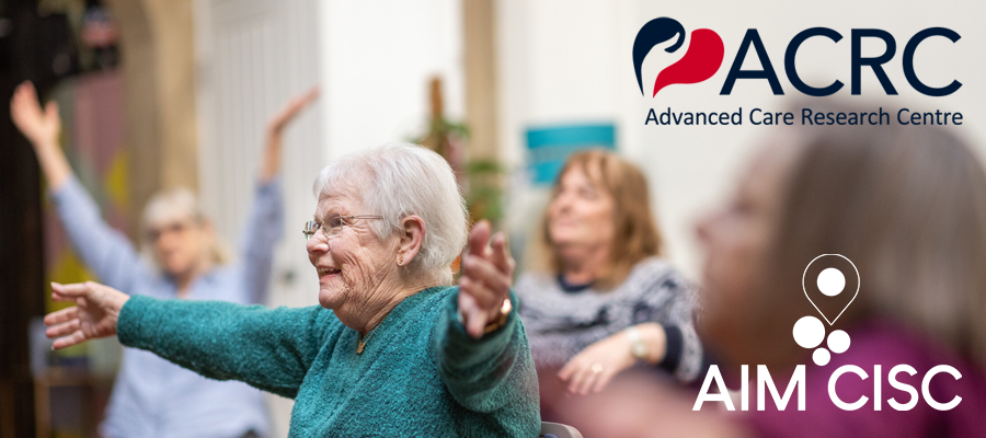 Elderly people exercising and logos of ACRC and AIM CISC