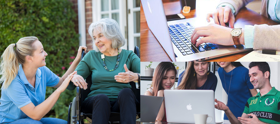 carer talking to older woman in wheelchair and pics of students